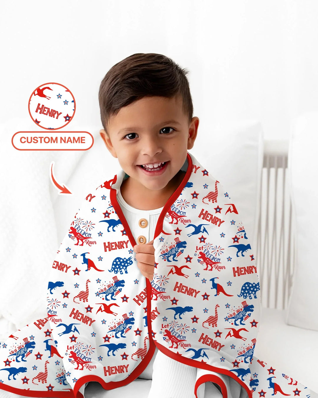 Custom Name Patriotic Dinosaur Bamboo Blanket