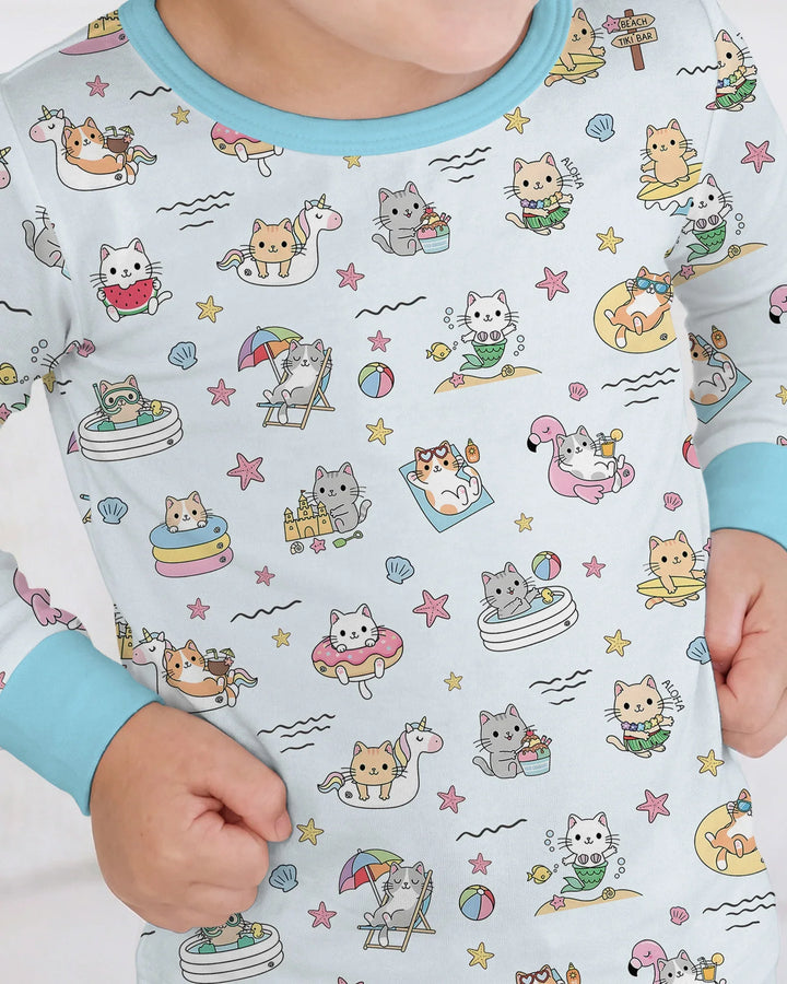 Kawaii Cats Summer Vacation Bamboo Two Piece Long Sleeve Pajama Set