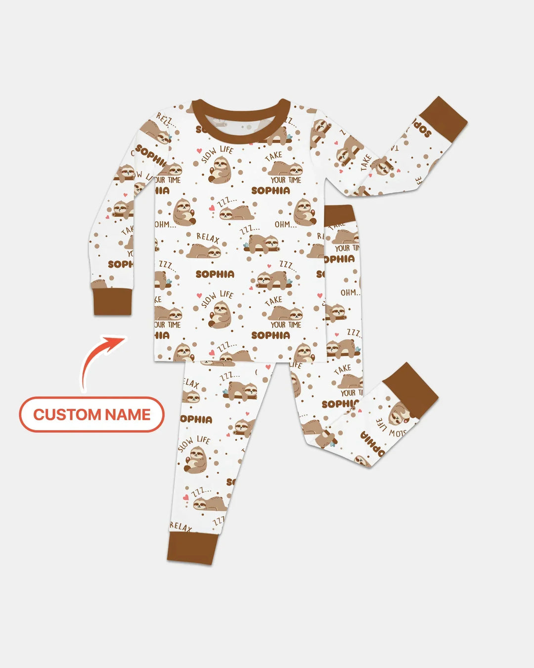 Custom Name Cute Sloth Two Piece Long Sleeve Pajama Set