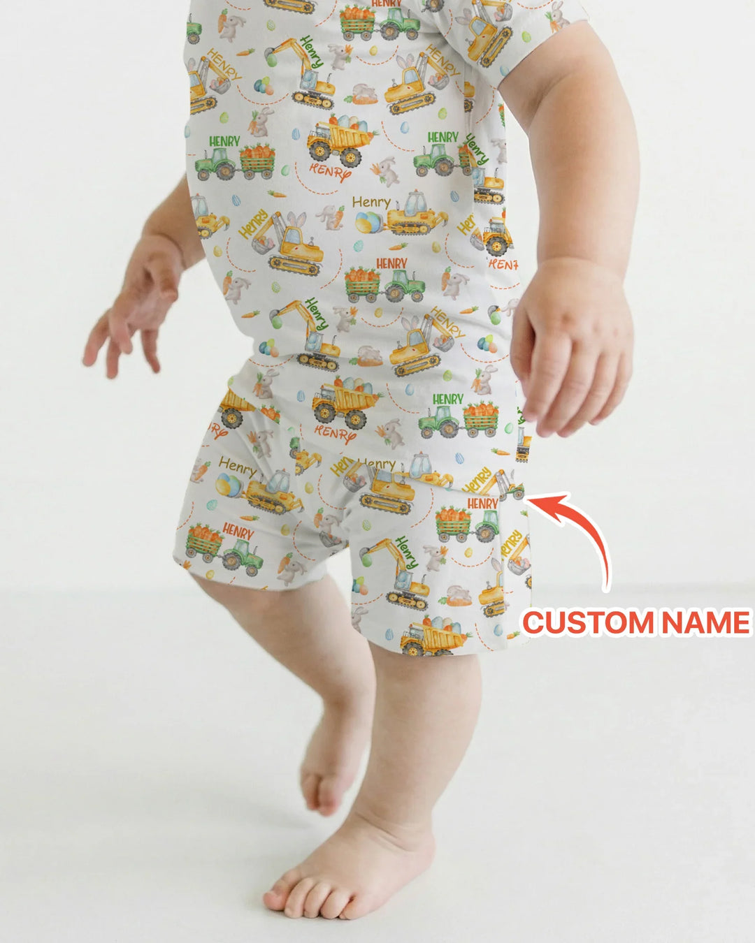 Easter Construction Vehicles Custom Name Two Piece Short Sleeve Shorts Pajama Set