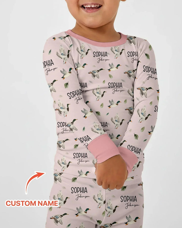 Pijama de dos piezas de bambú de manga larga para bebé con nombre personalizado, diseño de pato ánade real
