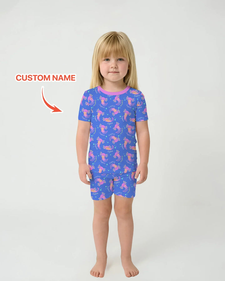 Conjunto de pijama de dos piezas de bambú con nombre personalizado de Axolote que brilla en la oscuridad, de manga corta y pantalón corto