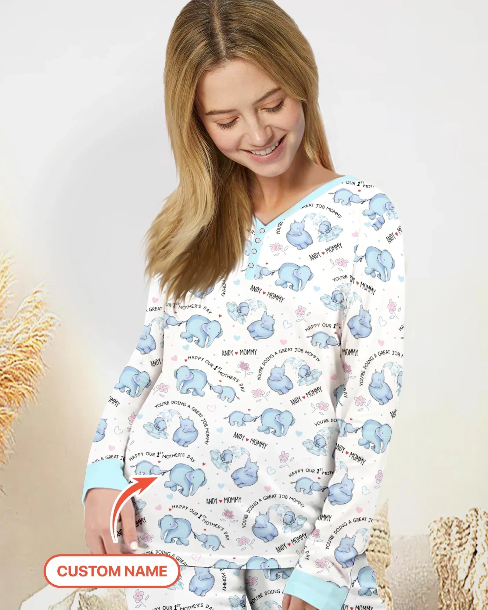 Custom Name Mother & Baby Elephant Women Pajama Set