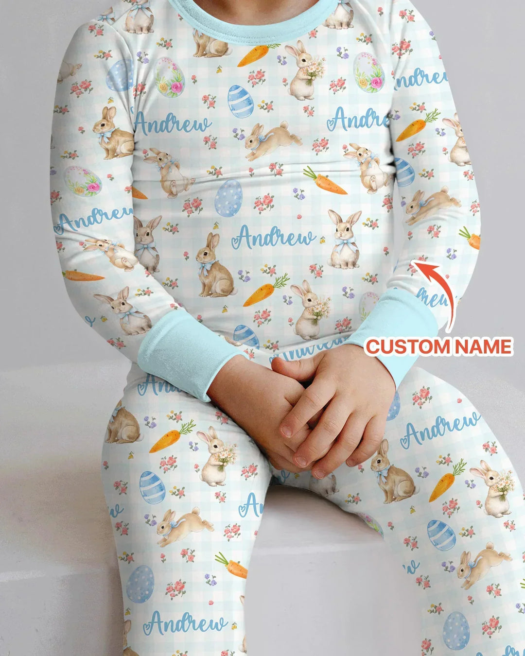 Custom Name Bunny Garden Two Piece Long Sleeve Pajama Set