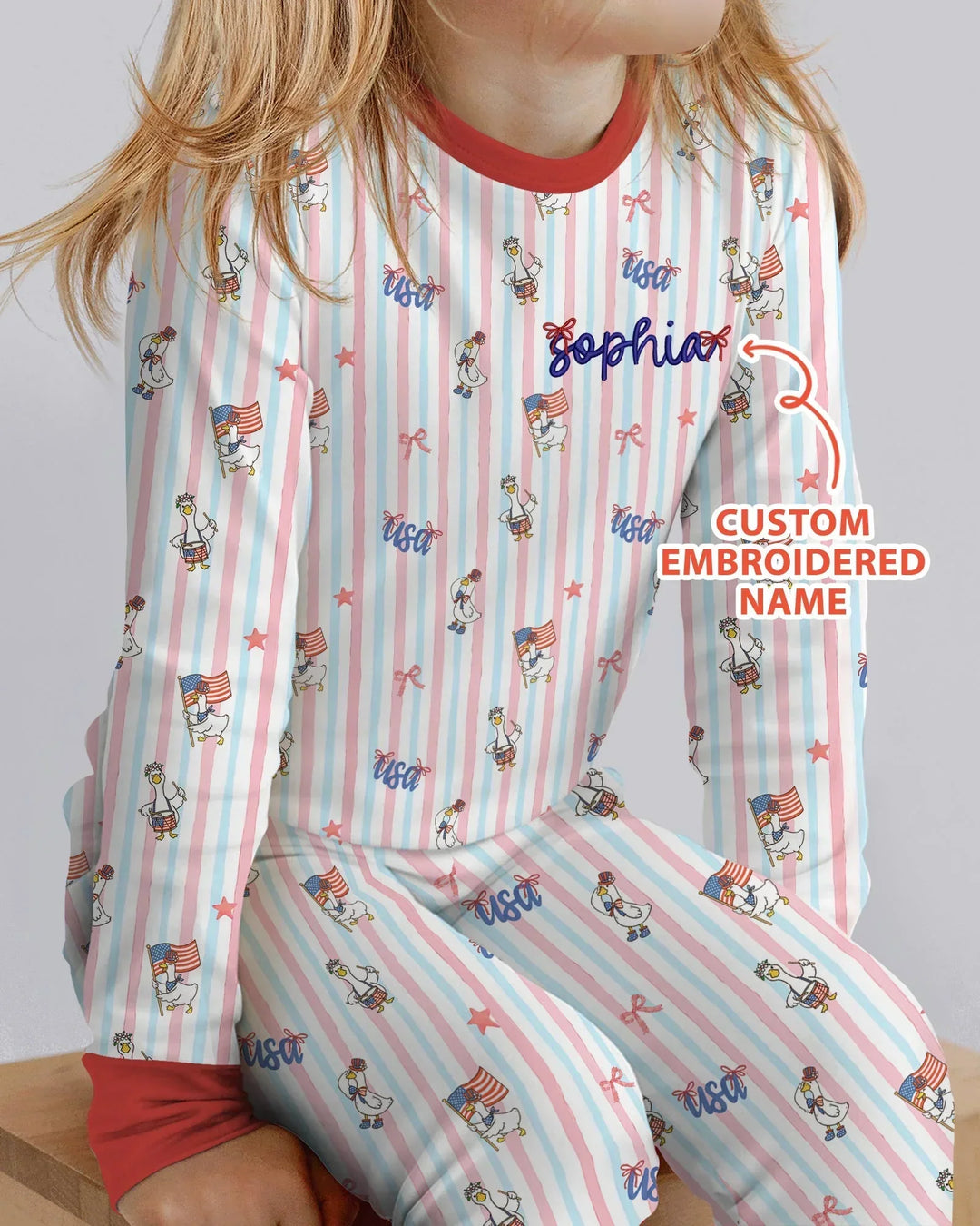 Personalized Cute Goose America 250 Embroidered Bamboo Two Piece Long Sleeve Pajama Set