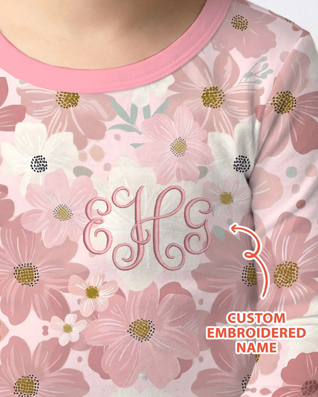 Pijama de dos piezas de manga larga de bambú floral con nombre bordado personalizado