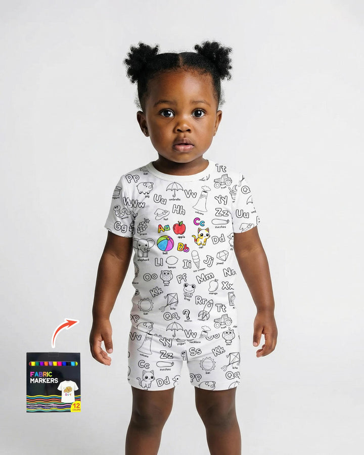 All Colorable Alphabet Two Piece Short Sleeve Shorts Pajama Set
