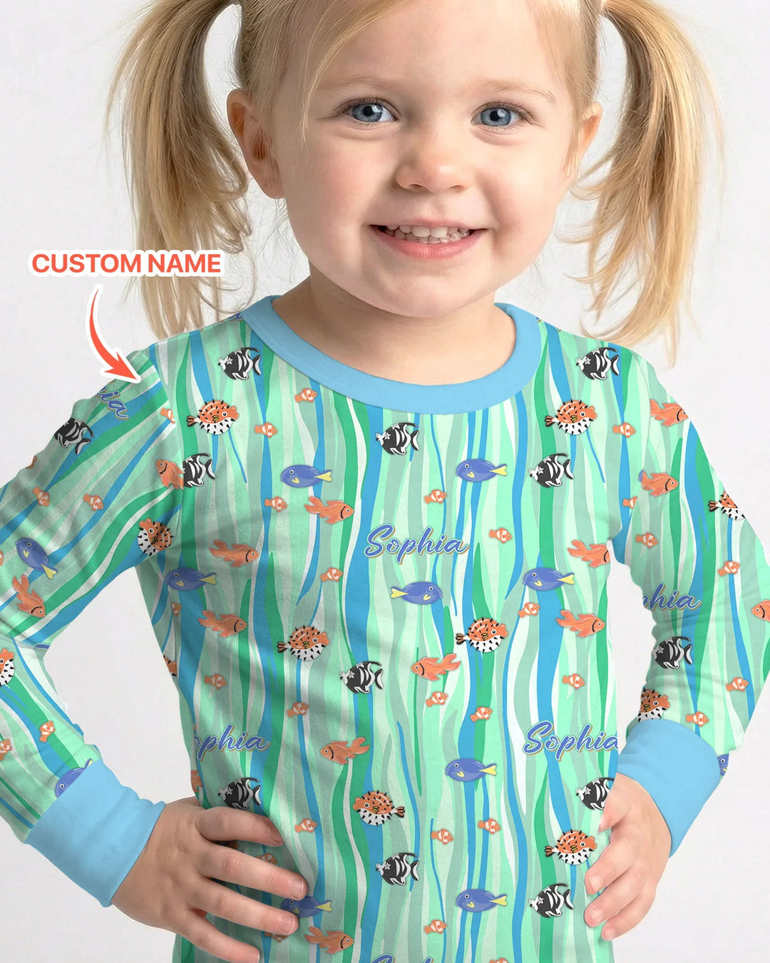 Custom Name Summer Beach Bamboo Two Piece Long Sleeve Pajama Set
