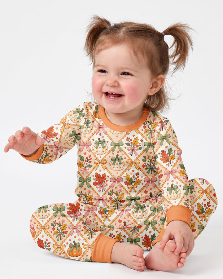Retro Fall Pumpkin Bow Bamboo Two Piece Long Sleeve Pajama Set