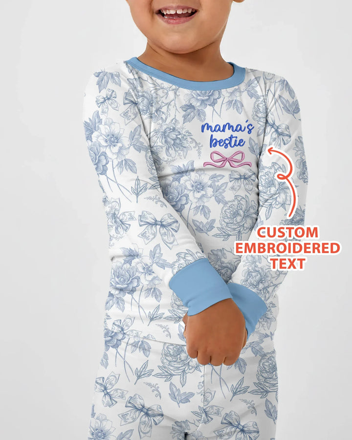 Conjunto de pijama de dos piezas de bambú de manga larga personalizado con bordado Mommy and Me Toile