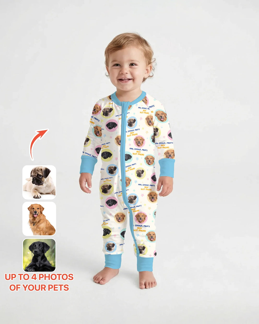 Pijama convertible de bambú con cremallera y fotos personalizadas de tu mascota "Mi nuevo mejor amigo"