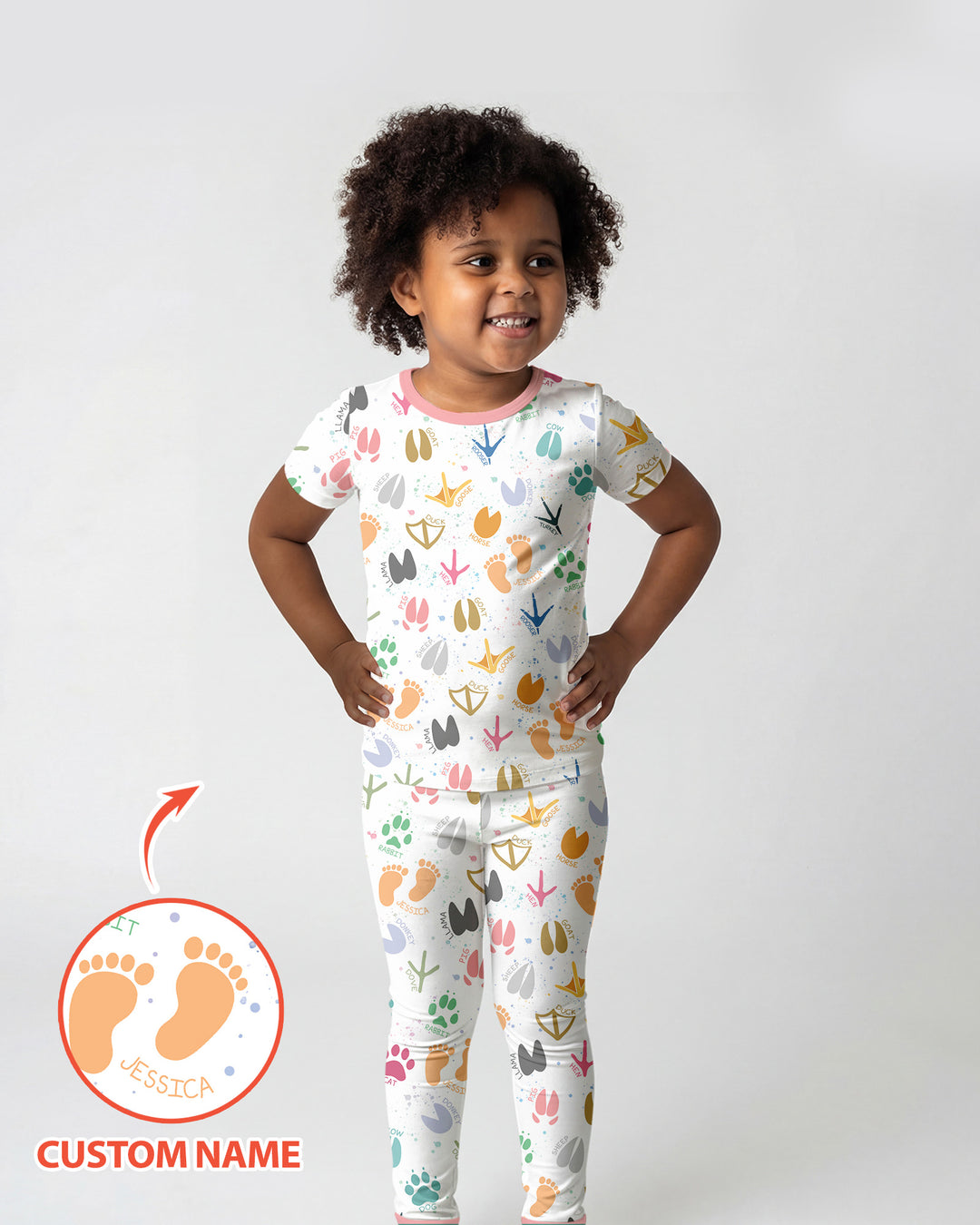 Cute Farm Animal Tracks Custom Name Bamboo Two Piece Short Sleeve Pajama Set