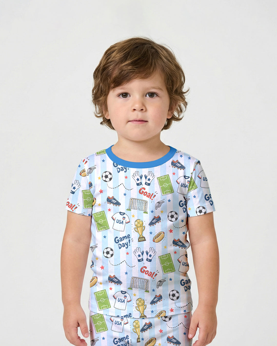 Striped Soccer Game Day Family Matching Bamboo Two Piece Short Sleeve Shorts Pajama Set