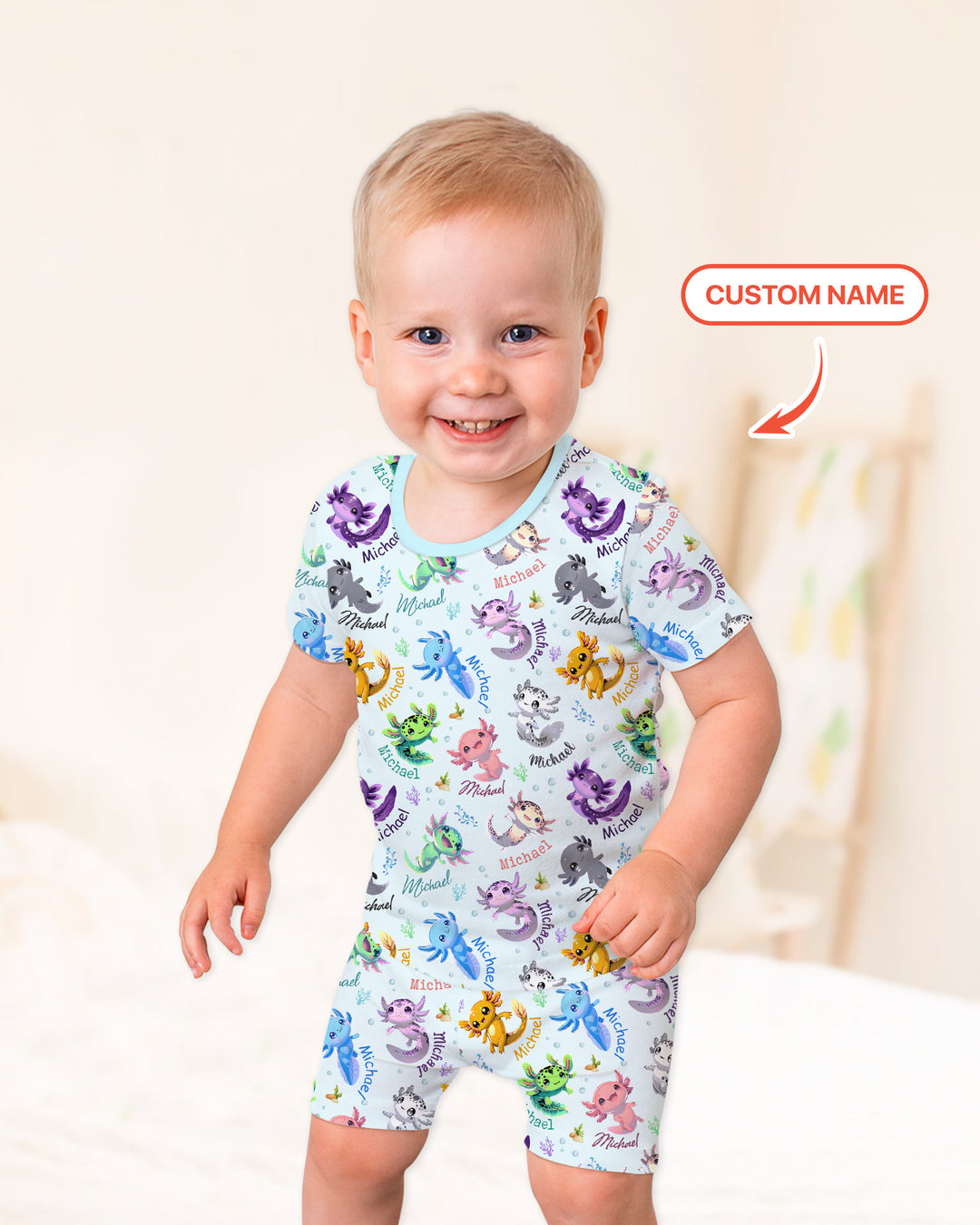 I Love You Axolotl Custom Name Two Piece Short Sleeve Shorts Pajama Set