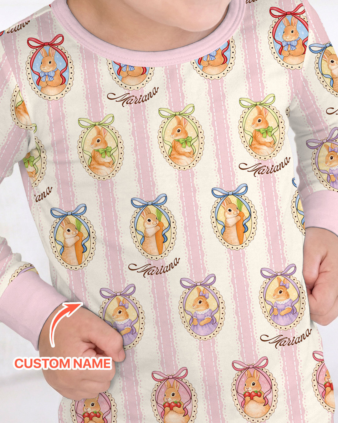 Custom Name Vintage Easter Bunny Two Piece Long Sleeve Pajama Set
