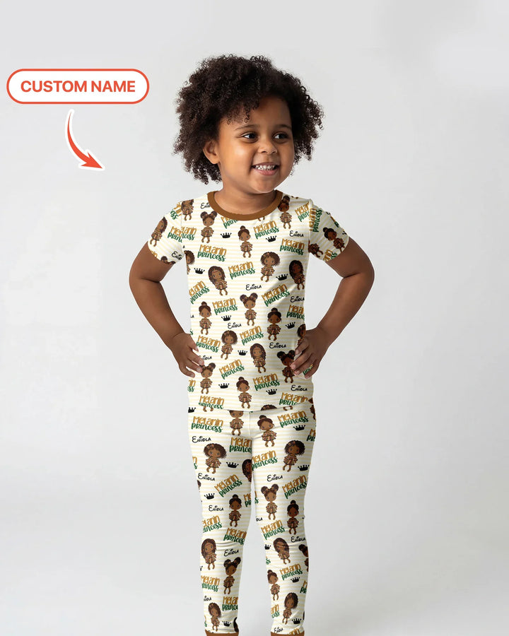 Custom Name Melanin Princess Bamboo Two Piece Short Sleeve Pajama Set