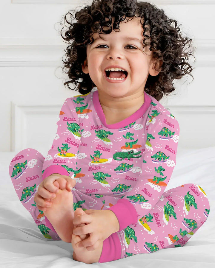 Conjunto de pijama de dos piezas de bambú de manga larga con cocodrilo bordado para verano