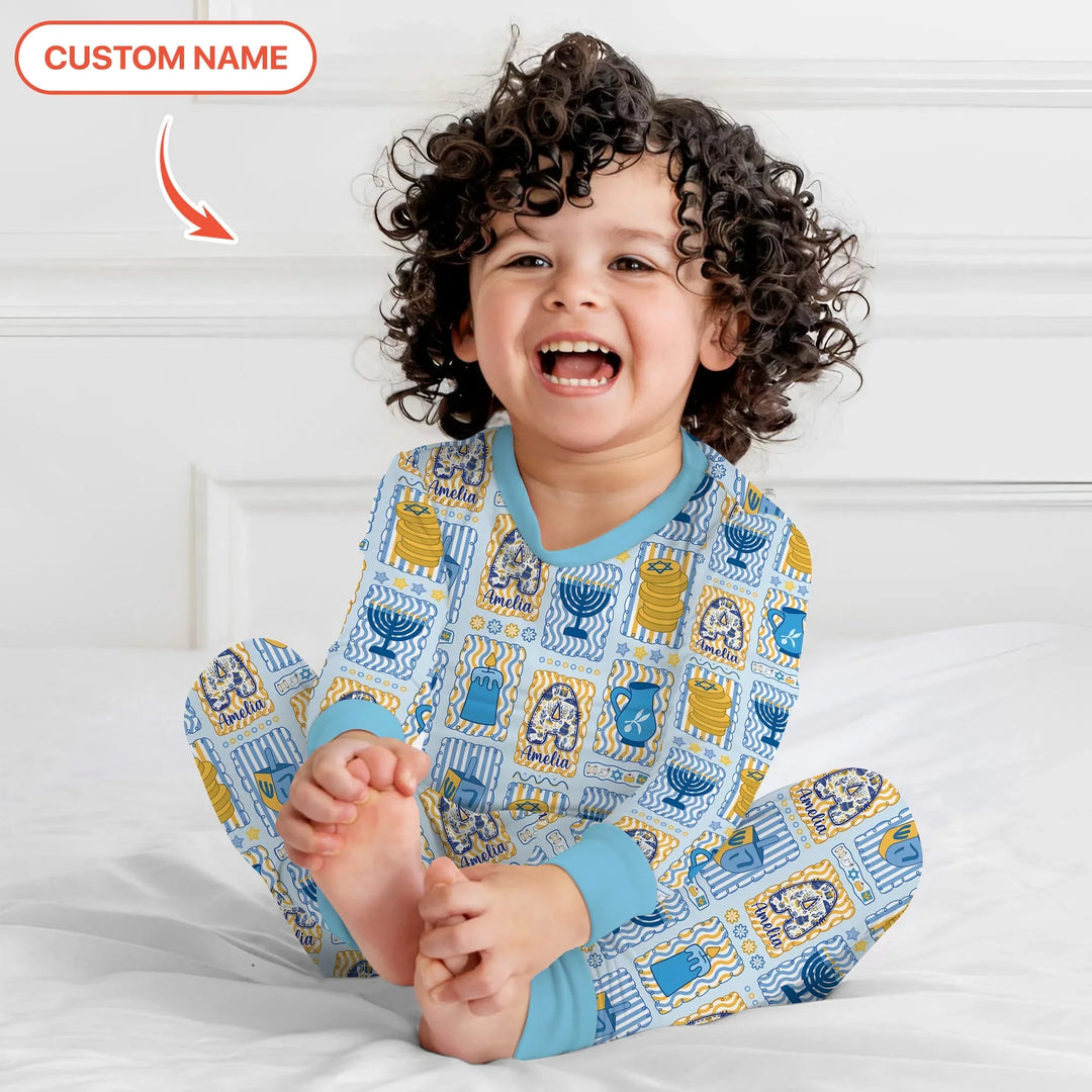 Custom Name Hanukkah Wonderland Two Piece Long Sleeve Pajama Set