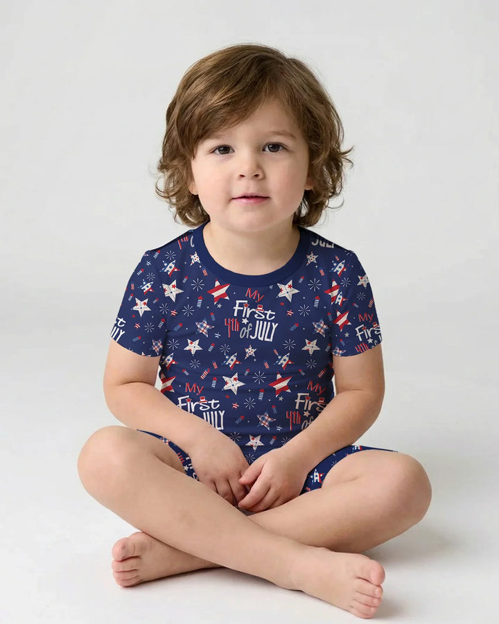 My First 4th of July Star Striped  Bamboo Two Piece Short Sleeve Shorts Pajama Set