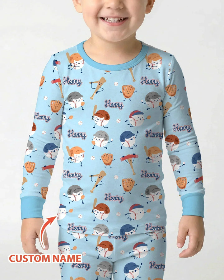 Custom Name Ballparl Family Matching Bamboo Two Piece Long Sleeve Pajama Set