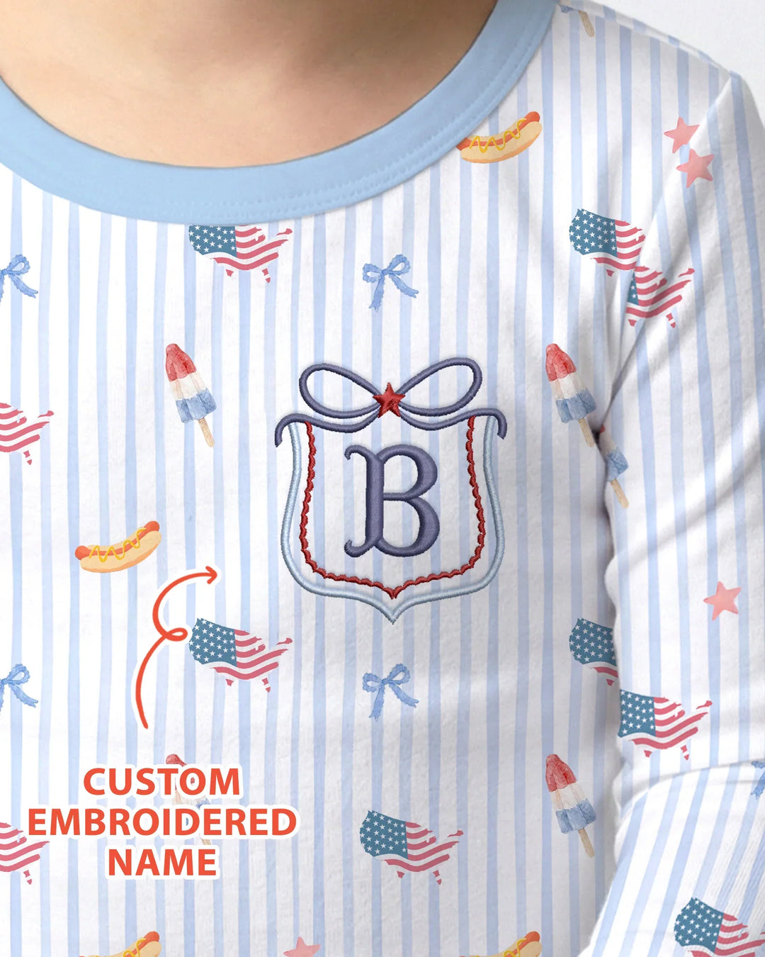 Personalized 4th Of July Embroidered Bamboo Two Piece Long Sleeve Pajama Set