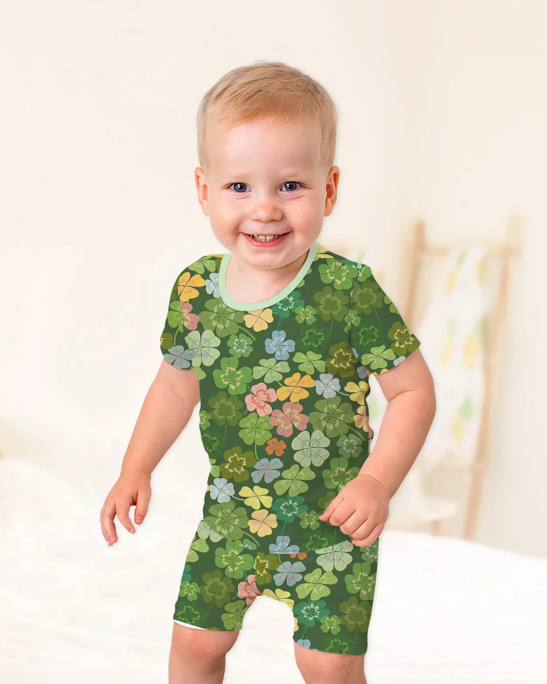 Lucky 4 Leaf Clover Two Piece Short Sleeve Shorts Pajama Set