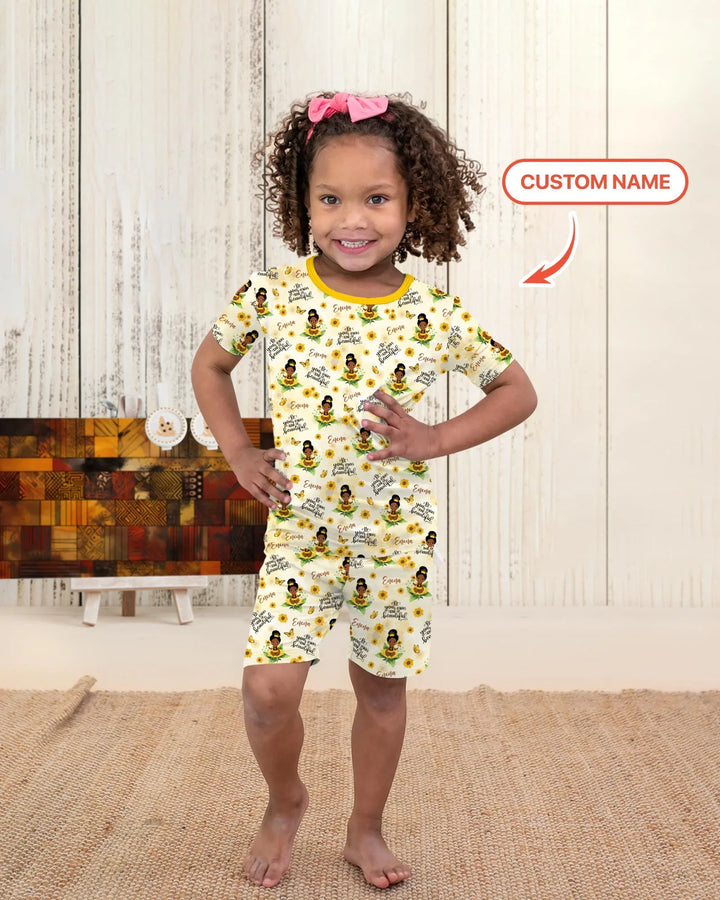 Custom Name Sunflower Queen Bamboo Two Piece Short Sleeve Shorts Pajama Set