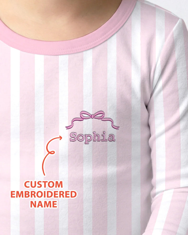 Pijama de dos piezas de bambú rosa con rayas bordado personalizado de manga larga para bebé