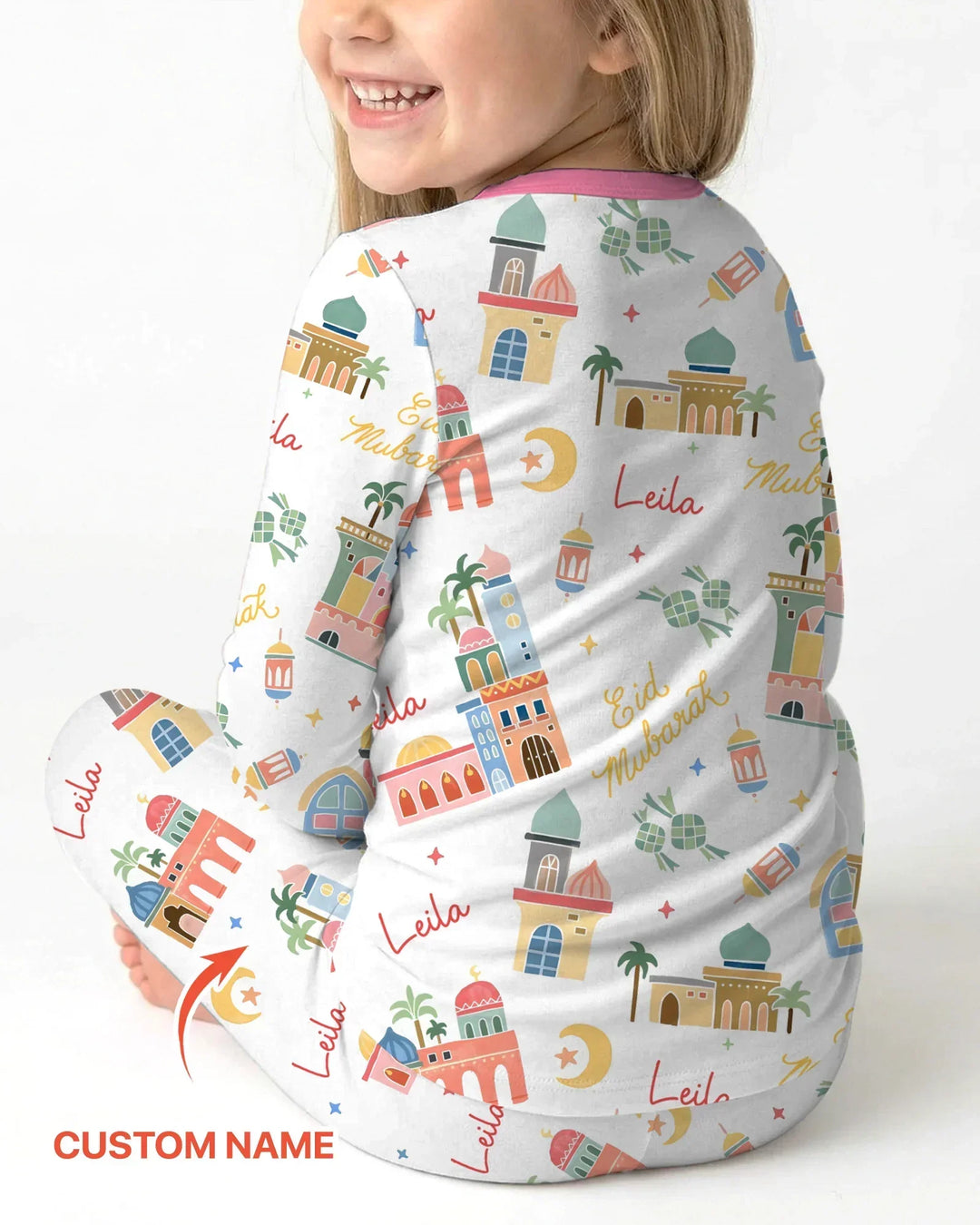 Eid Mubarak Custom Name Two Piece Long Sleeve Pajama Set