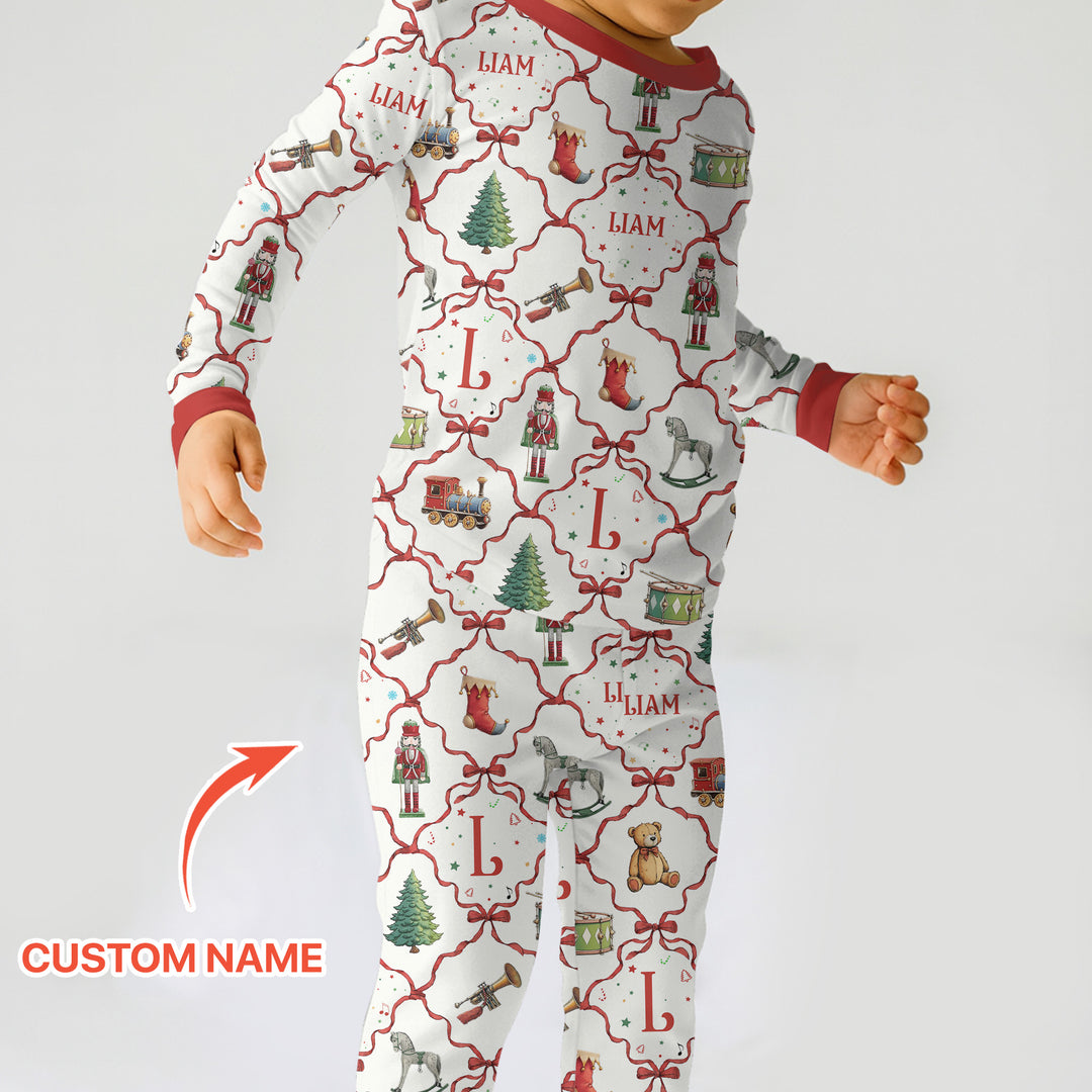 Vintage Christmas Toy Custom Name Boy Two Piece Long Sleeve Pajama Set