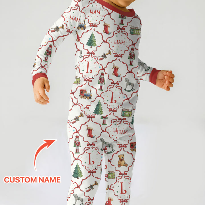 Vintage Christmas Toy Custom Name Boy Two Piece Long Sleeve Pajama Set