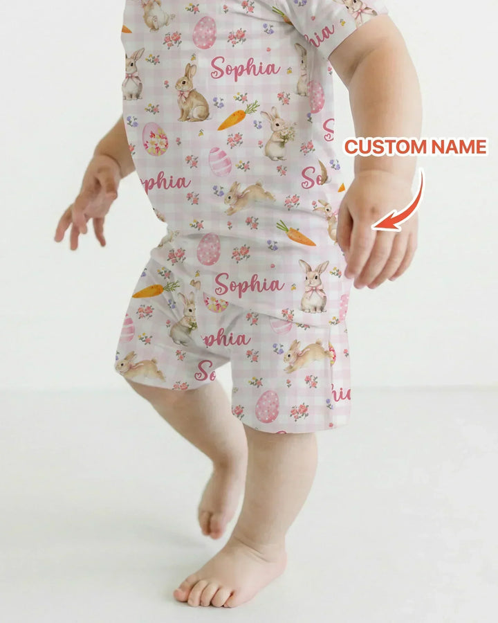 Custom Name Bunny Garden Two Piece Short Sleeve Shorts Pajama Set