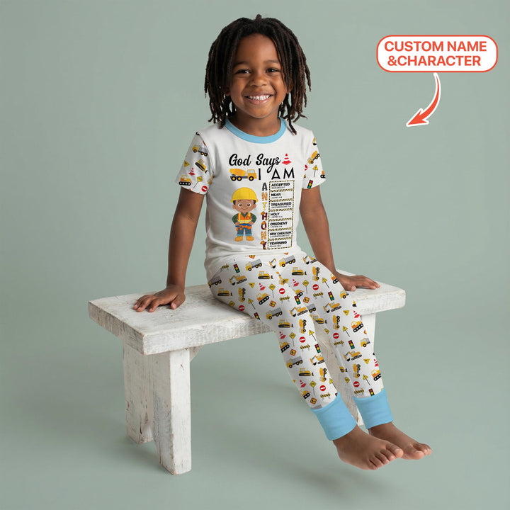 Custom Name God Says I Am Little Builder Letter in Bible Two Piece Short Sleeve Pajama Set