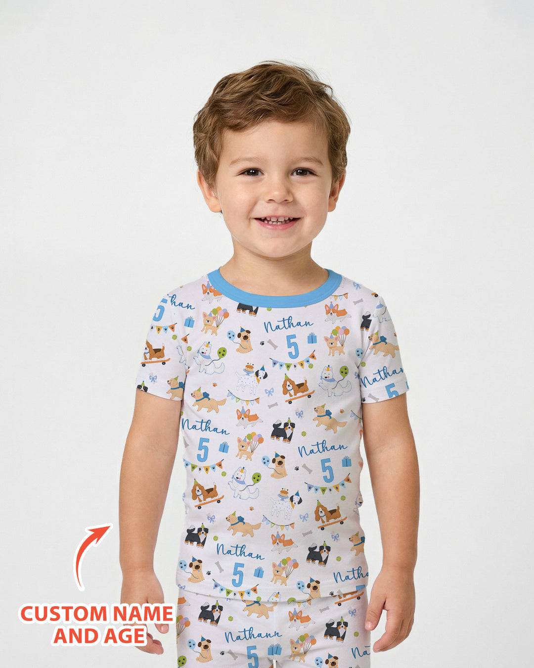 Custom Name Birthday Dogs Party Bamboo Two Piece Short Sleeve Pajama Set