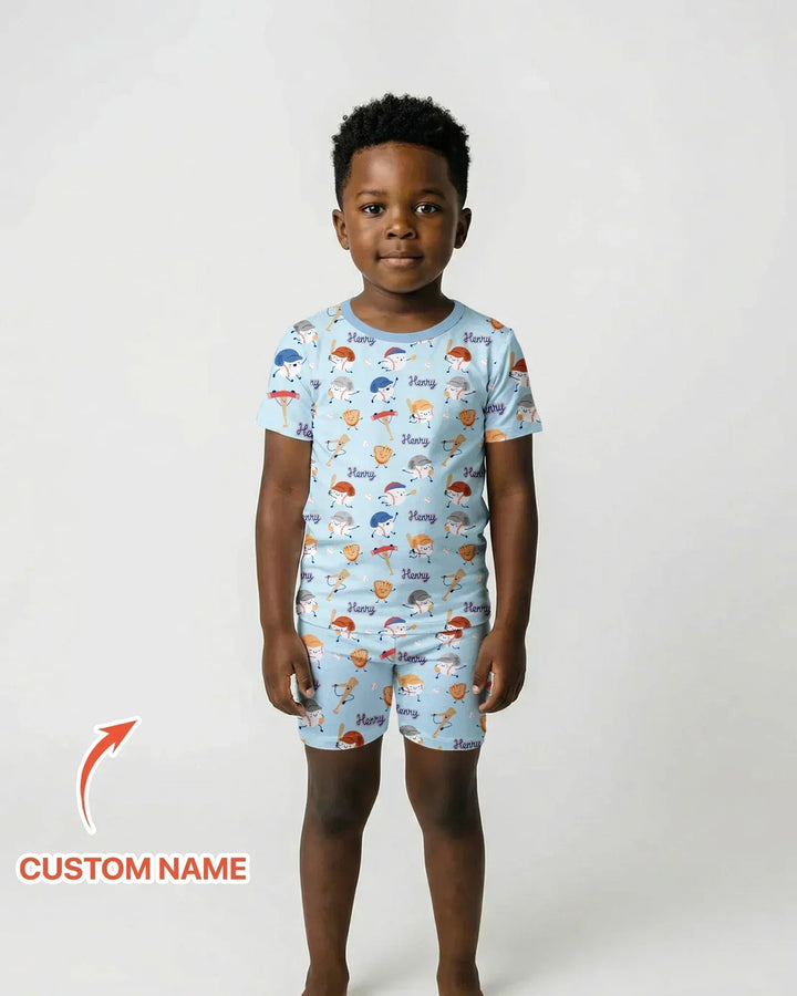 Custom Name Ballparl Family Matching Bamboo Two Piece Short Sleeve Shorts Pajama Set