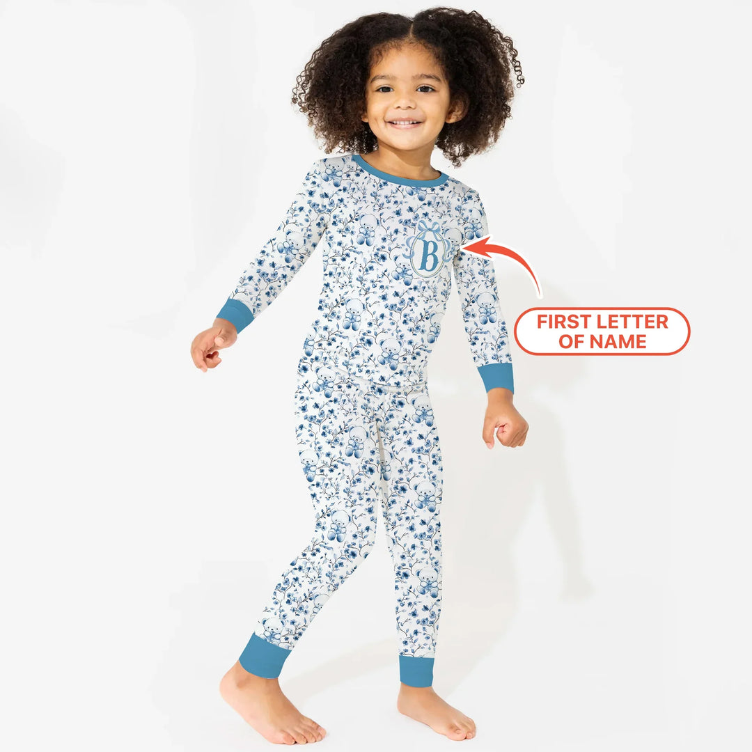 Custom Blue Chinoiserie Teddy Two Piece Long Sleeve Pajama Set , Custom Blue Chinoiserie Teddy Two Piece Long Sleeve Pajama Set - 12-18M