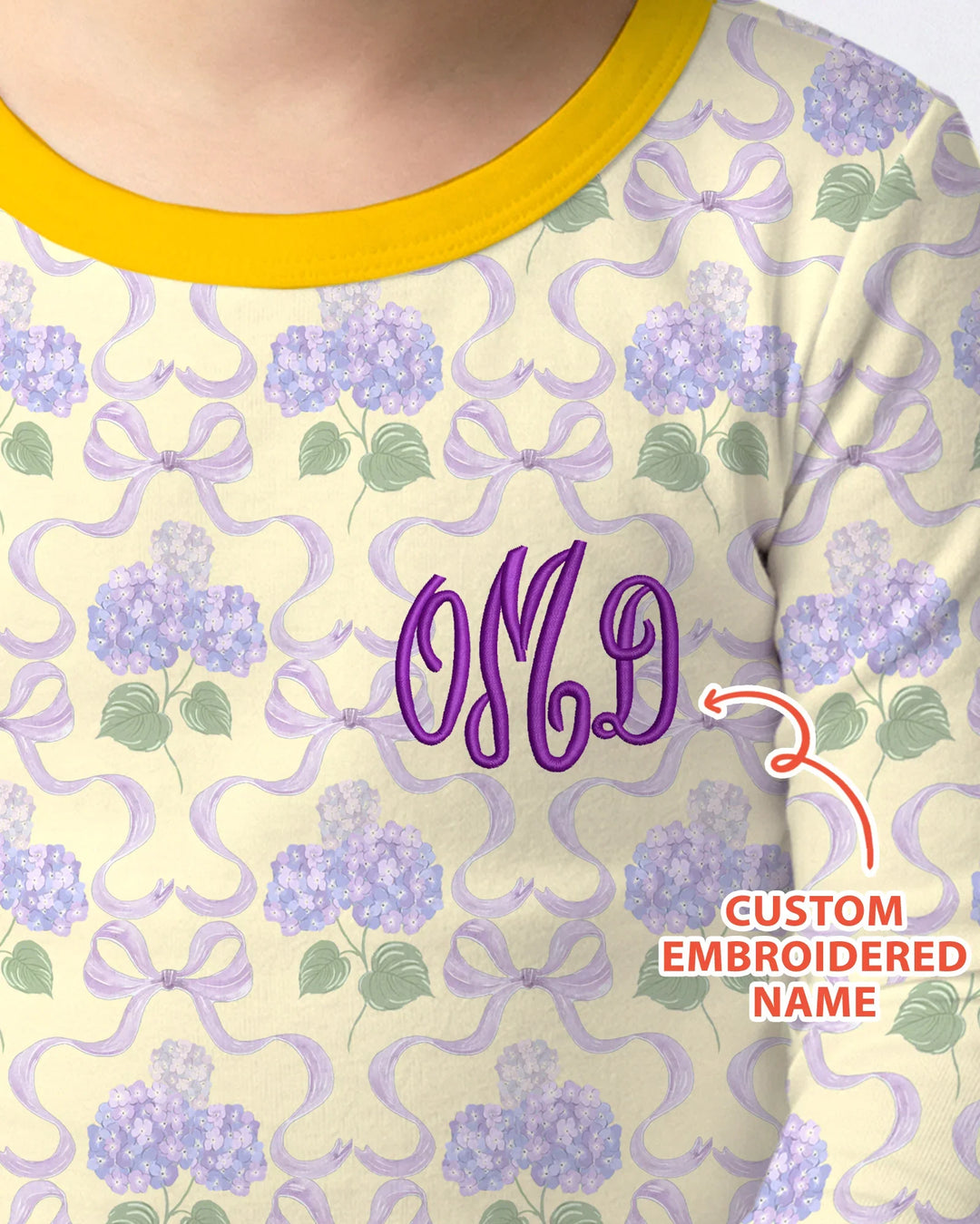 Custom Name Embroidered Hydrangea Welcome Home Bamboo Two Piece Long Sleeve Pajama Set