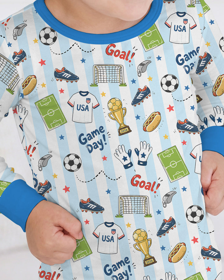 Striped Soccer Game Day Family Matching Bamboo Two Piece Long Sleeve Pajama Set