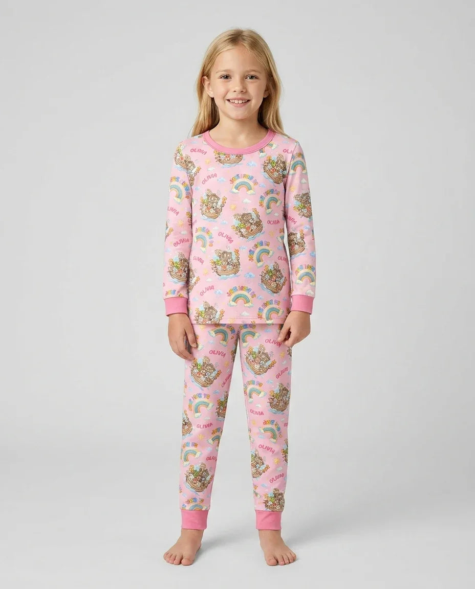 Custom Name Jesus Loves Me Noah's Ark Bamboo Two Piece Long Sleeve Pajama Set