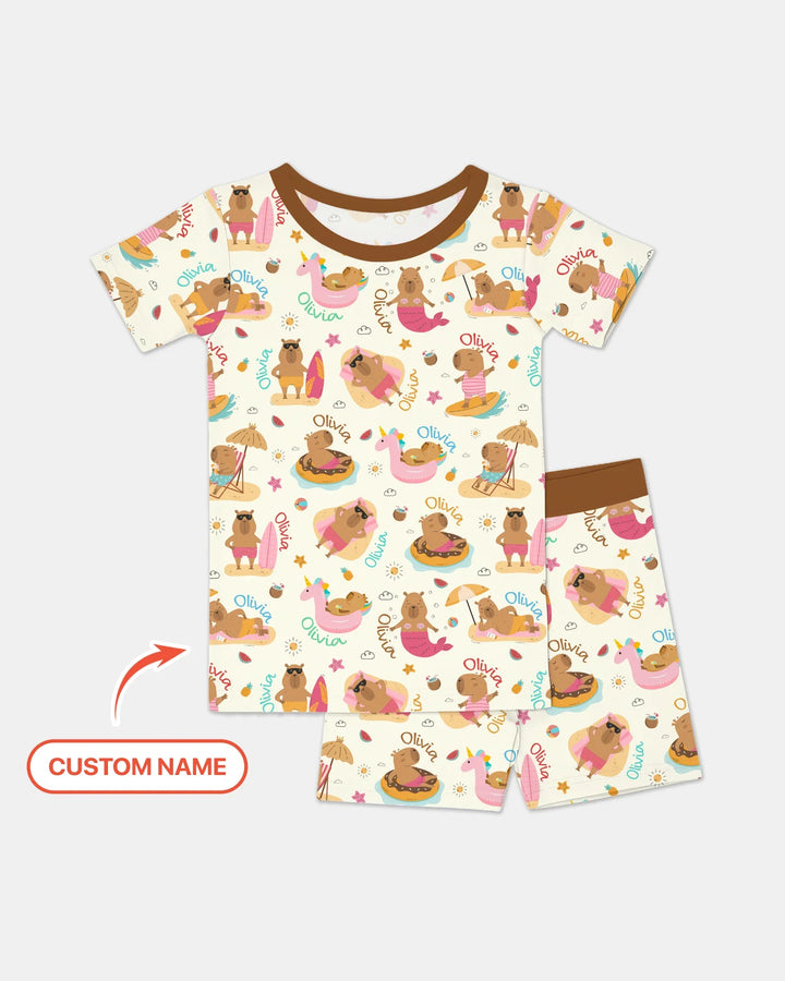 Don't Worry, Be Capy Custom Name Bamboo Two Piece Short Sleeve Shorts Pajama Set