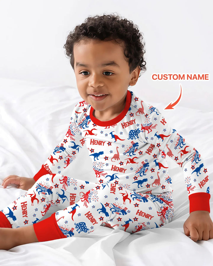 Custom Name Patriotic Dinosaur Bamboo Two Piece Long Sleeve Pajama Set