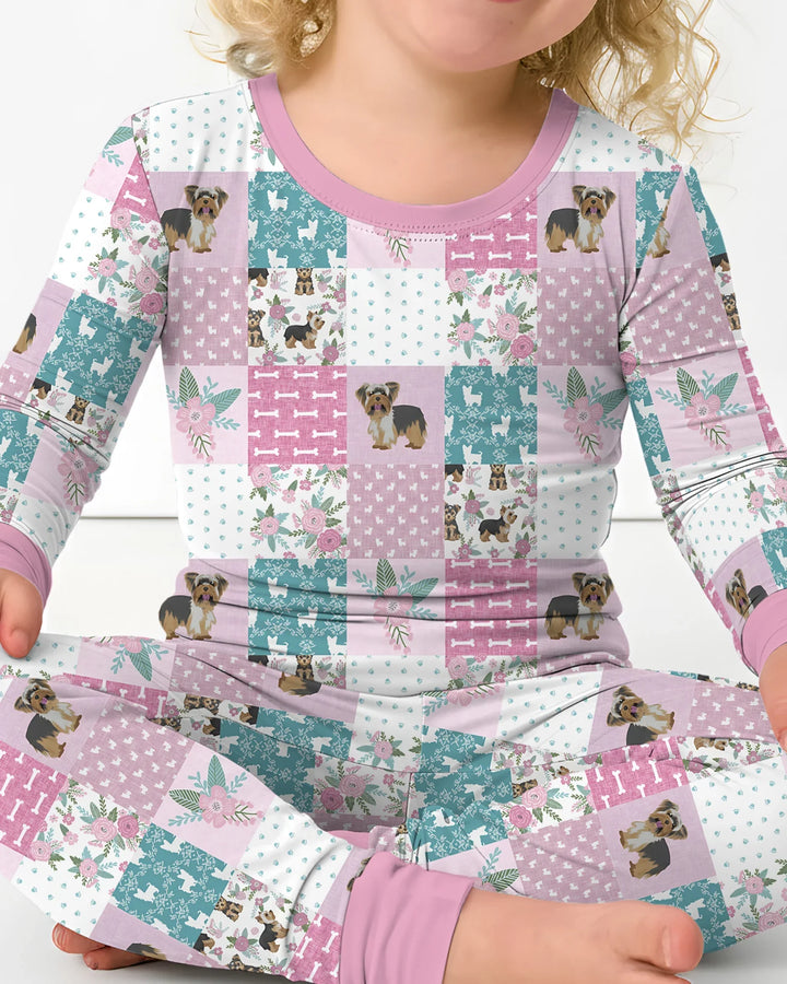 Floral Yorkie Grace Two Piece Long Sleeve Pajama Set