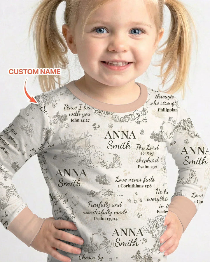 Classic Bear Bible Verse Custom Name Bamboo Two Piece Long Sleeve Pajama Set