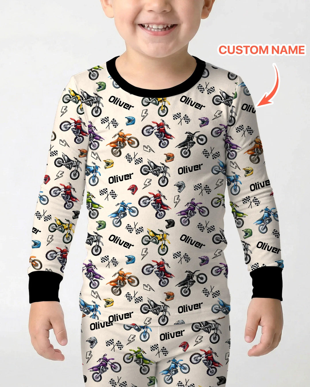Custom Name Little Dirt Bike Rider Bamboo Two Piece Long Sleeve Pajama Set