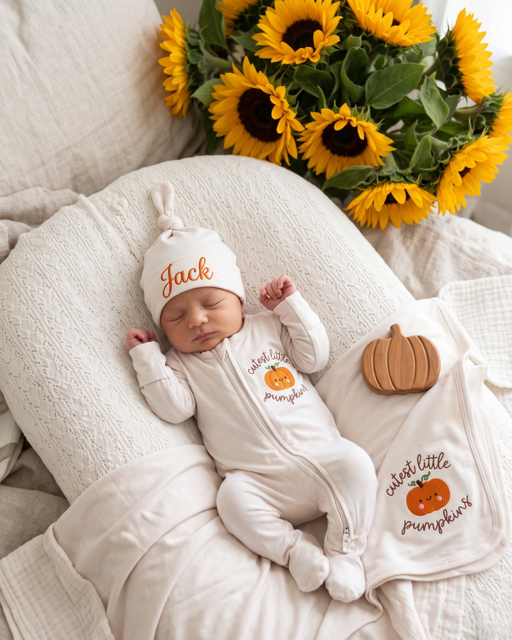 Personalized Cutest Little Pumpkin Embroidered Bamboo Welcome Home Bundle
