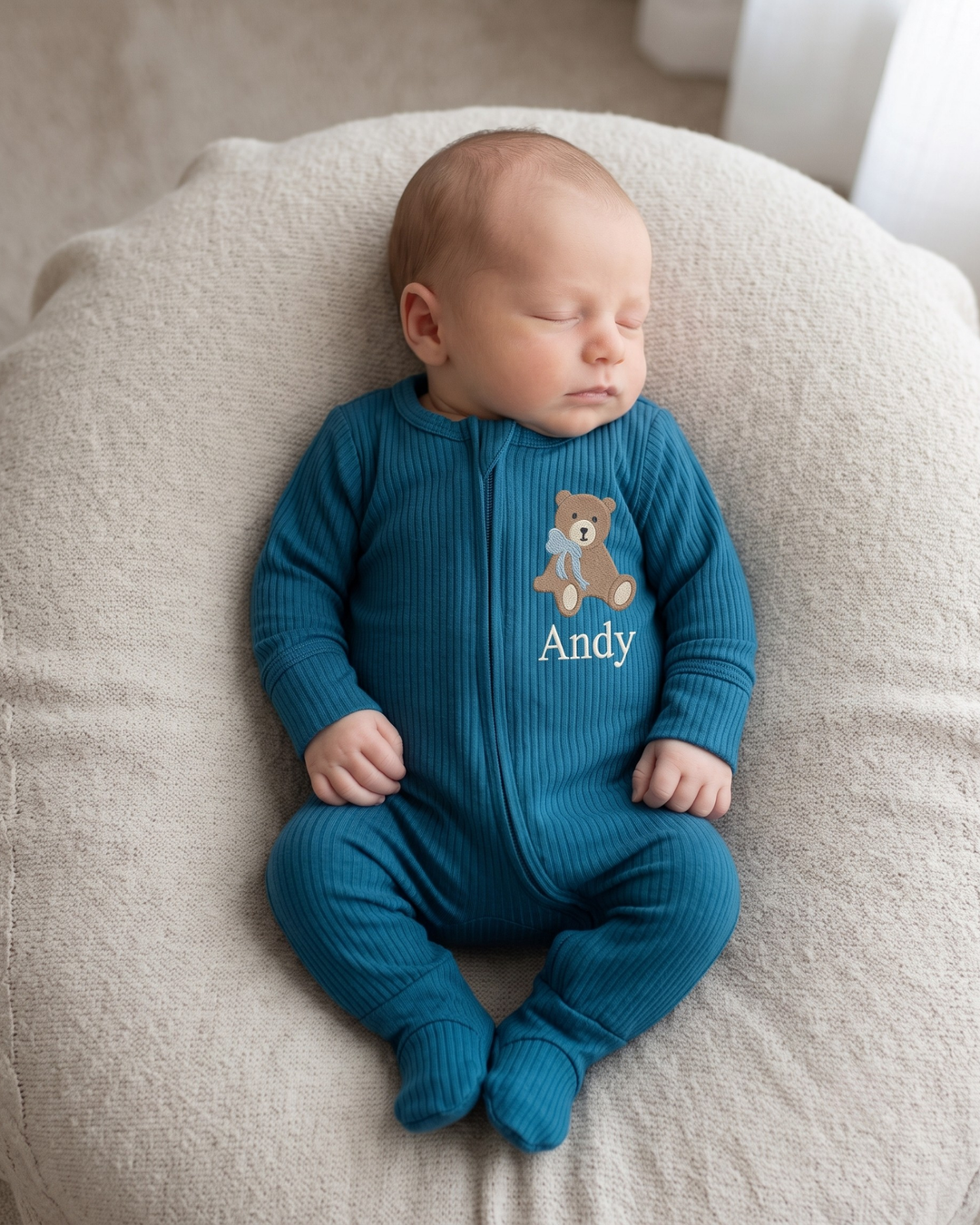 Personalized Teddy Bear Embroidered Ribbed Bamboo Zipper Footie