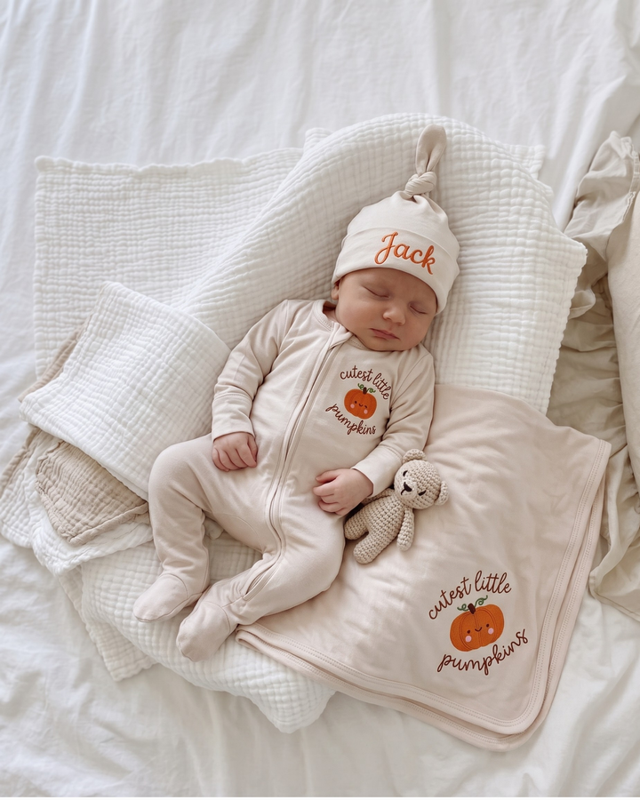 Personalized Cutest Little Pumpkin Embroidered Bamboo Welcome Home Bundle