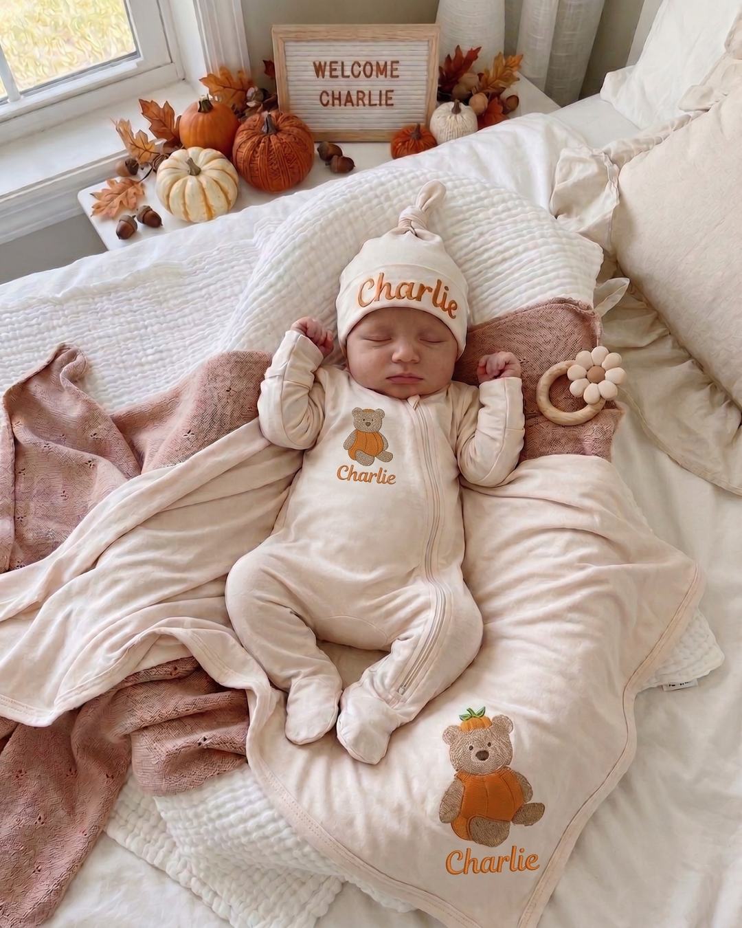 Personalized Pumpkin Teddy Embroidered Bamboo Welcome Home Bundle