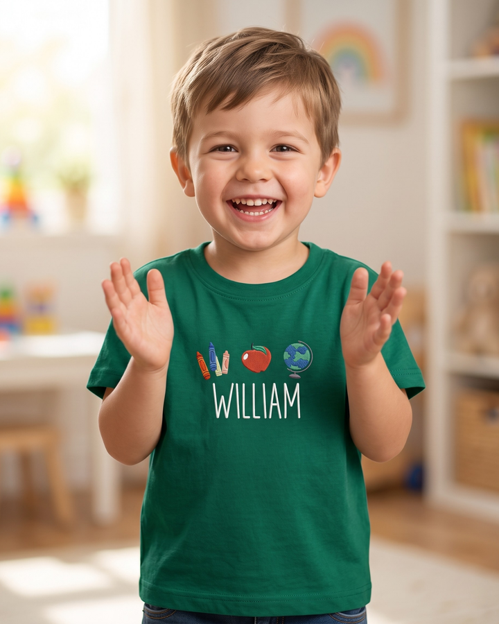 Custom Name Classroom Icons Embroidered Bamboo Crewneck T-Shirt