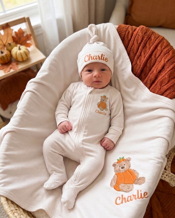 Personalized Pumpkin Teddy Embroidered Bamboo Welcome Home Bundle